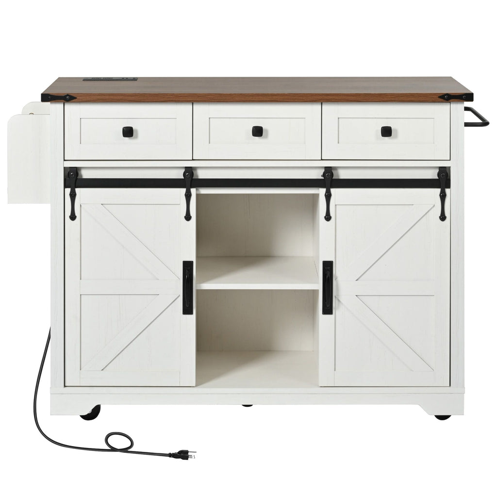 53.7" Farmhouse Kitchen Island with Power Outlet, 2 Sliding Barn Door Kitchen Storage Island with Drop Leaf, Spice Rack Rolling Kitchen Cart on Wheels, for Home, Kitchen and Dining Room