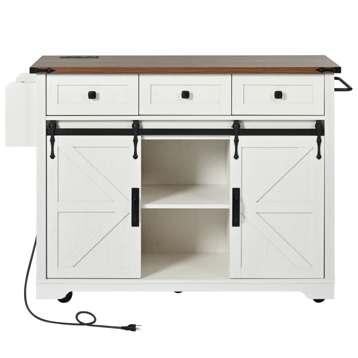 53.7" Farmhouse Kitchen Island with Power Outlet, 2 Sliding Barn Door Kitchen Storage Island with Drop Leaf, Spice Rack Rolling Kitchen Cart on Wheels, for Home, Kitchen and Dining Room