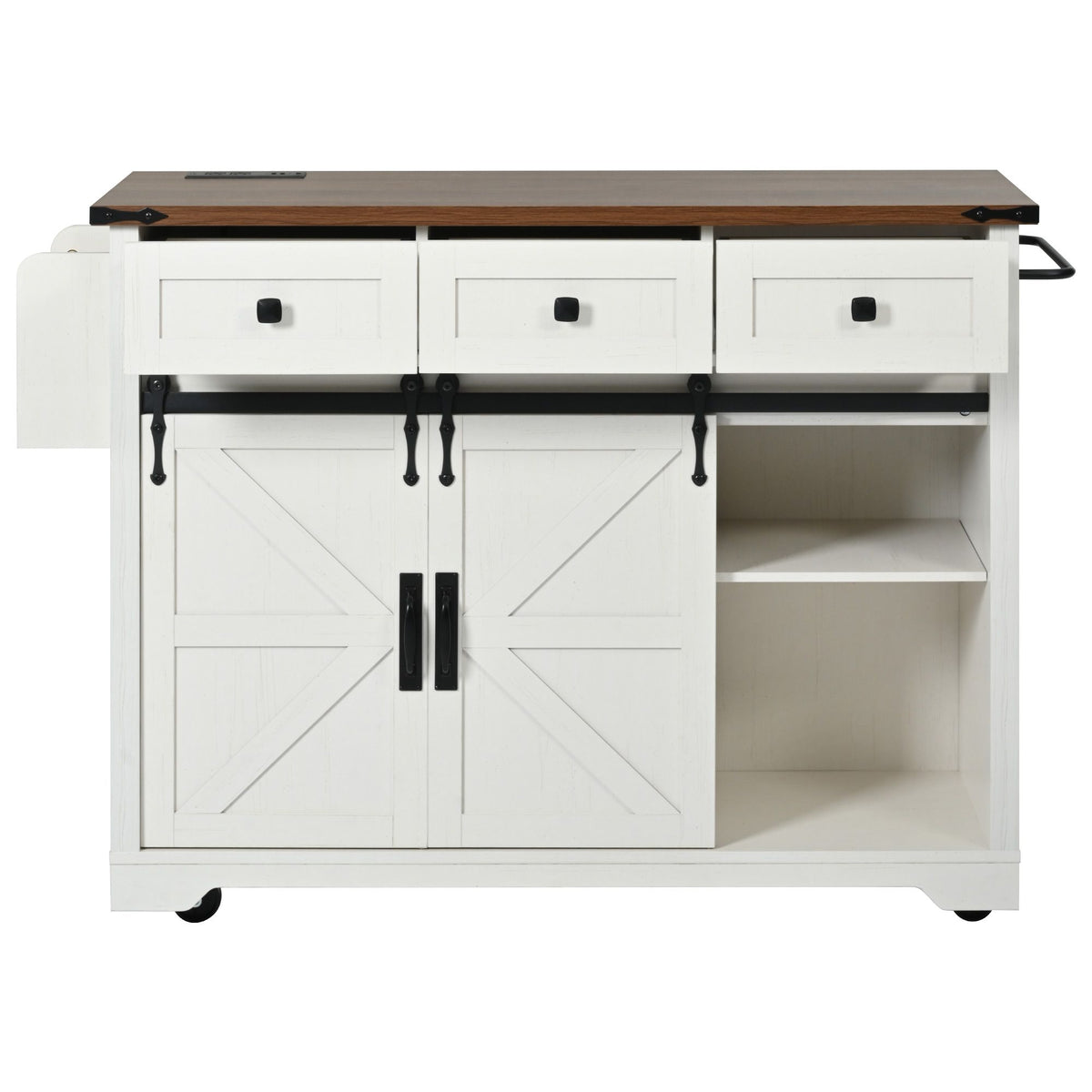 53.7" Farmhouse Kitchen Island with Power Outlet, 2 Sliding Barn Door Kitchen Storage Island with Drop Leaf, Spice Rack Rolling Kitchen Cart on Wheels, for Home, Kitchen and Dining Room