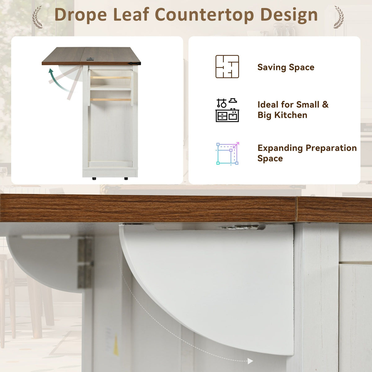 53.7" Farmhouse Kitchen Island with Power Outlet, 2 Sliding Barn Door Kitchen Storage Island with Drop Leaf, Spice Rack Rolling Kitchen Cart on Wheels, for Home, Kitchen and Dining Room