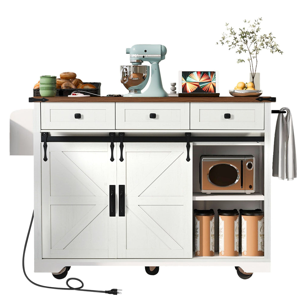 53.7" Farmhouse Kitchen Island with Power Outlet, 2 Sliding Barn Door Kitchen Storage Island with Drop Leaf, Spice Rack Rolling Kitchen Cart on Wheels, for Home, Kitchen and Dining Room