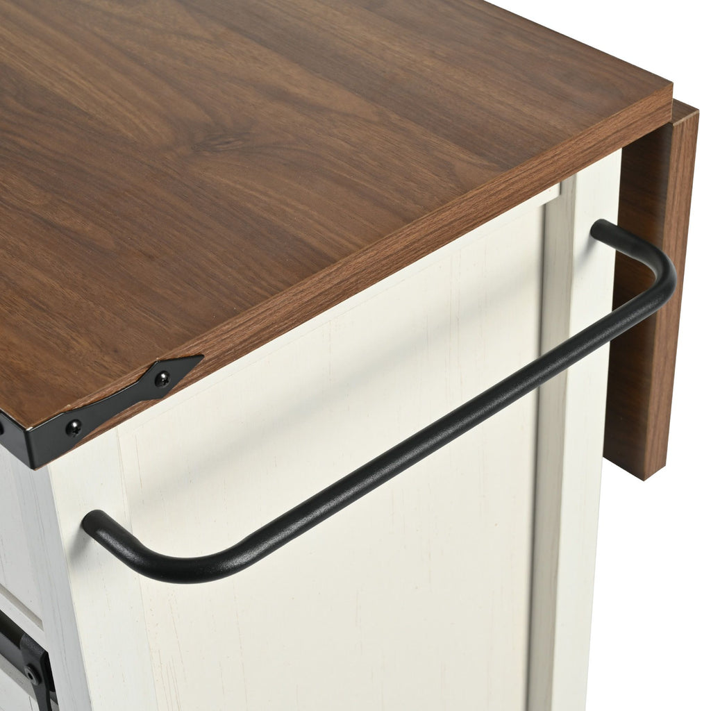 53.7" Farmhouse Kitchen Island with Power Outlet, 2 Sliding Barn Door Kitchen Storage Island with Drop Leaf, Spice Rack Rolling Kitchen Cart on Wheels, for Home, Kitchen and Dining Room