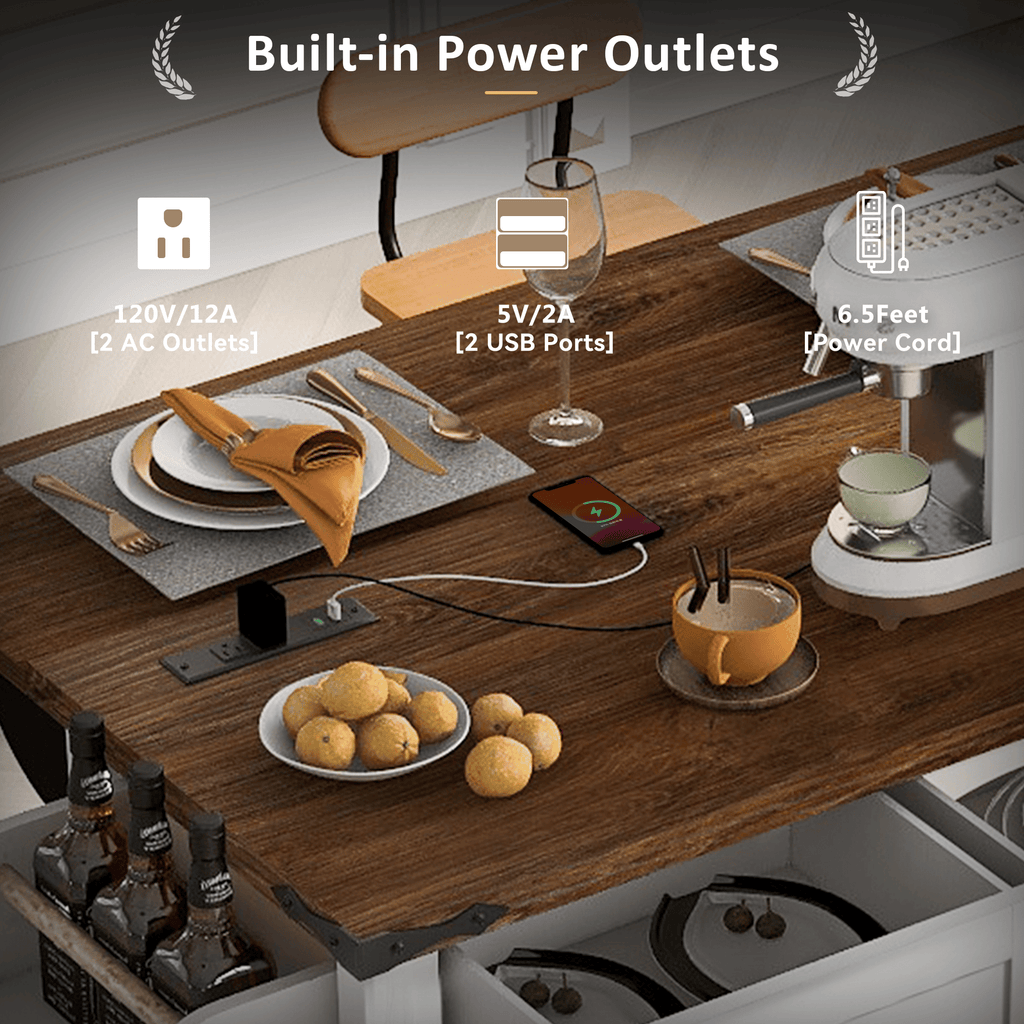 53.7" Farmhouse Kitchen Island with Power Outlet, 2 Sliding Barn Door Kitchen Storage Island with Drop Leaf, Spice Rack Rolling Kitchen Cart on Wheels, for Home, Kitchen and Dining Room