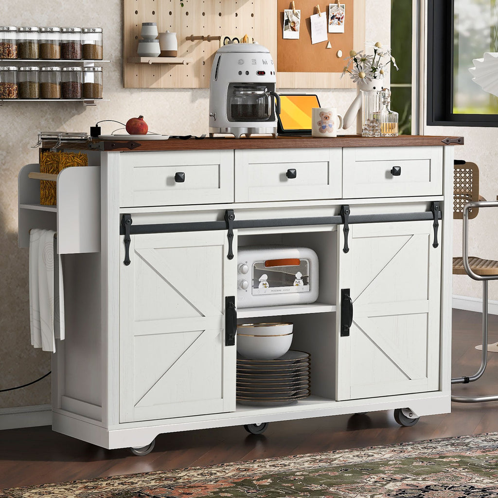 53.7" Farmhouse Kitchen Island with Power Outlet, 2 Sliding Barn Door Kitchen Storage Island with Drop Leaf, Spice Rack Rolling Kitchen Cart on Wheels, for Home, Kitchen and Dining Room