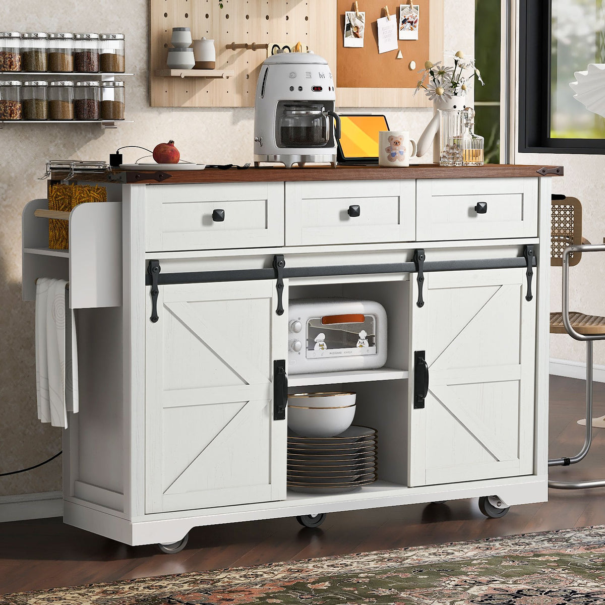 53.7" Farmhouse Kitchen Island with Power Outlet, 2 Sliding Barn Door Kitchen Storage Island with Drop Leaf, Spice Rack Rolling Kitchen Cart on Wheels, for Home, Kitchen and Dining Room