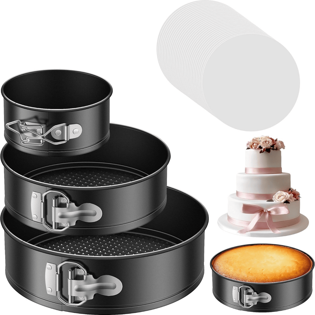 Three-piece multi-size non-stick springform cake pan set - Heavy-duty steel baking supplies, removable bottom, 4-inch/7-inch/9-inch round pans, oven-safe, suitable for baking cheesecakes and desserts.