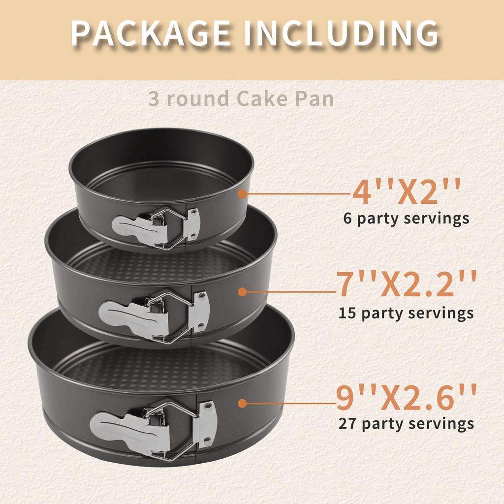 Three-piece multi-size non-stick springform cake pan set - Heavy-duty steel baking supplies, removable bottom, 4-inch/7-inch/9-inch round pans, oven-safe, suitable for baking cheesecakes and desserts.