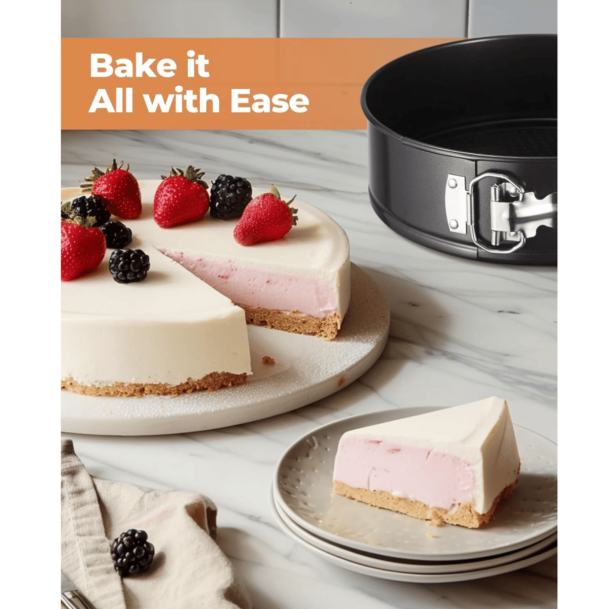 Three-piece multi-size non-stick springform cake pan set - Heavy-duty steel baking supplies, removable bottom, 4-inch/7-inch/9-inch round pans, oven-safe, suitable for baking cheesecakes and desserts.