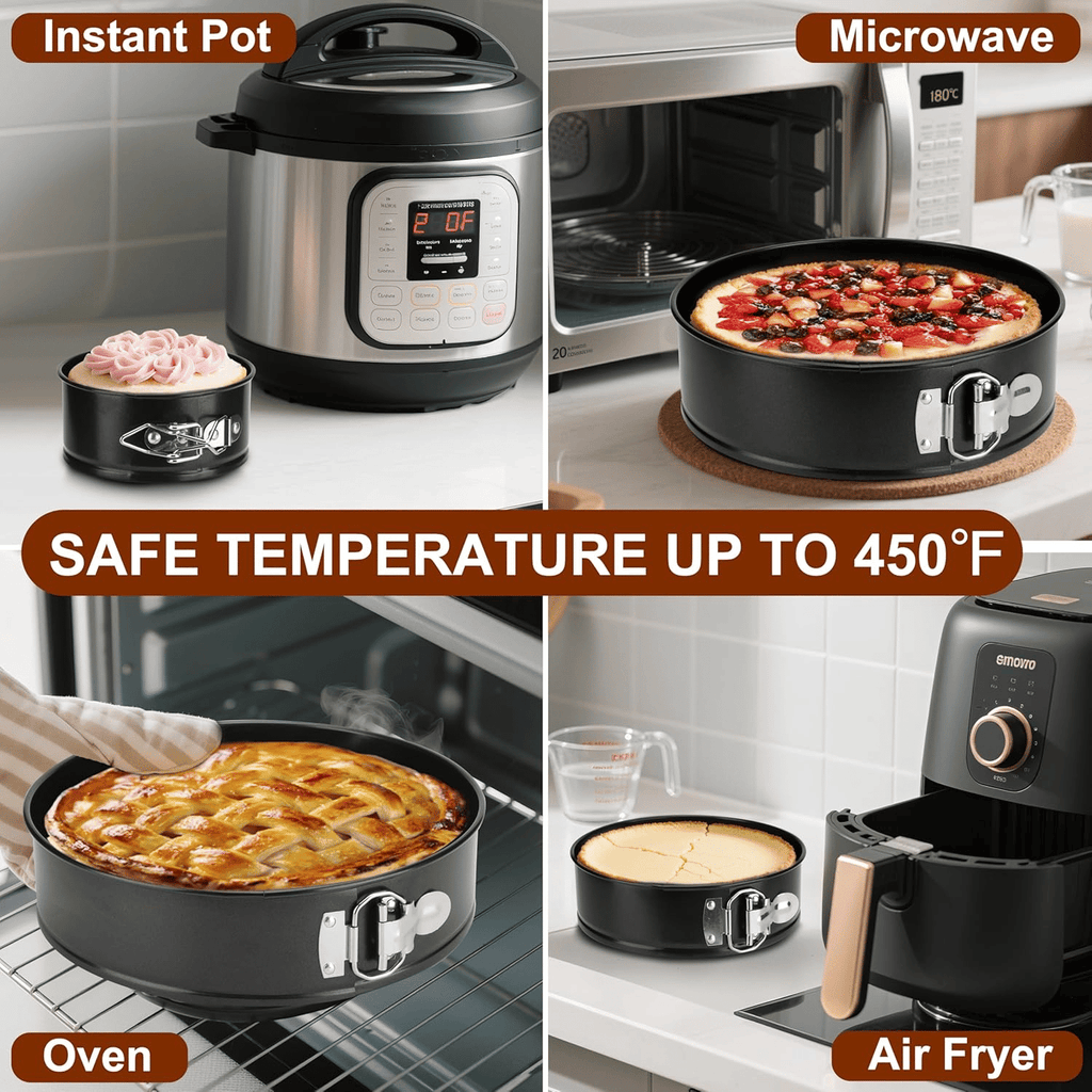 Three-piece multi-size non-stick springform cake pan set - Heavy-duty steel baking supplies, removable bottom, 4-inch/7-inch/9-inch round pans, oven-safe, suitable for baking cheesecakes and desserts.