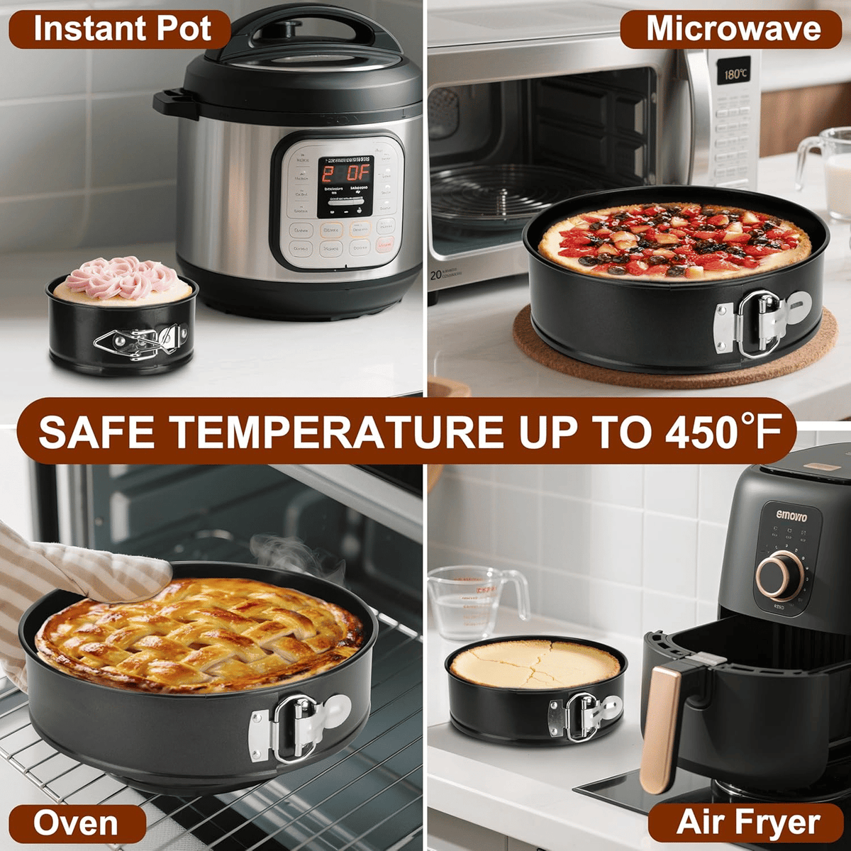 Three-piece multi-size non-stick springform cake pan set - Heavy-duty steel baking supplies, removable bottom, 4-inch/7-inch/9-inch round pans, oven-safe, suitable for baking cheesecakes and desserts.