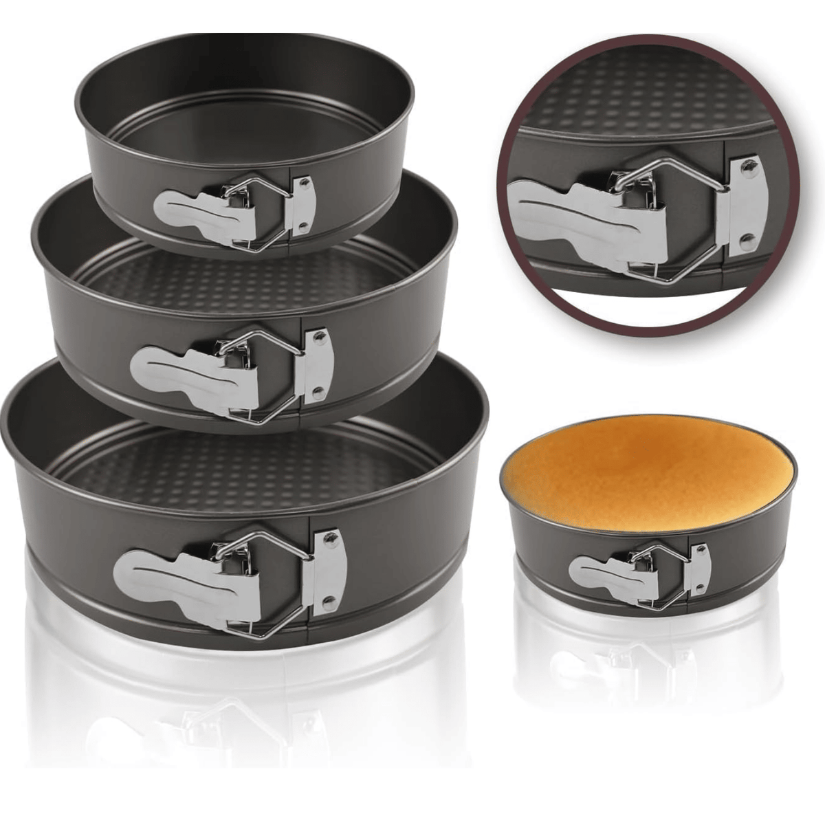 Three-piece multi-size non-stick springform cake pan set - Heavy-duty steel baking supplies, removable bottom, 4-inch/7-inch/9-inch round pans, oven-safe, suitable for baking cheesecakes and desserts.