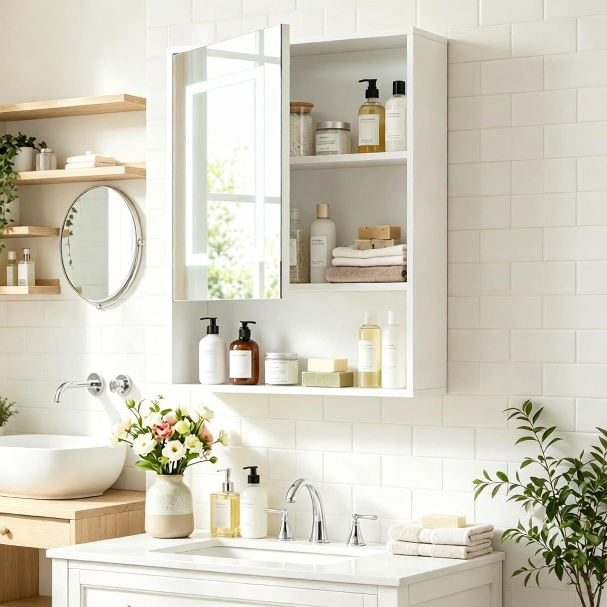 Recessed Or Wall Cabinet with Mirror 3 Color LED Lights  Bathroom Storage Organizer