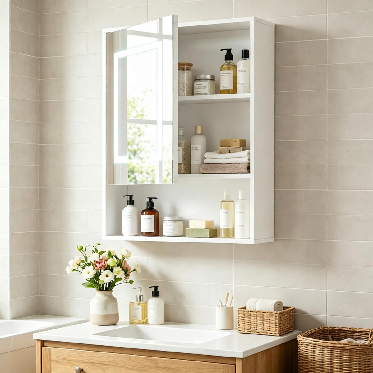 Recessed Or Wall Cabinet with Mirror 3 Color LED Lights  Bathroom Storage Organizer