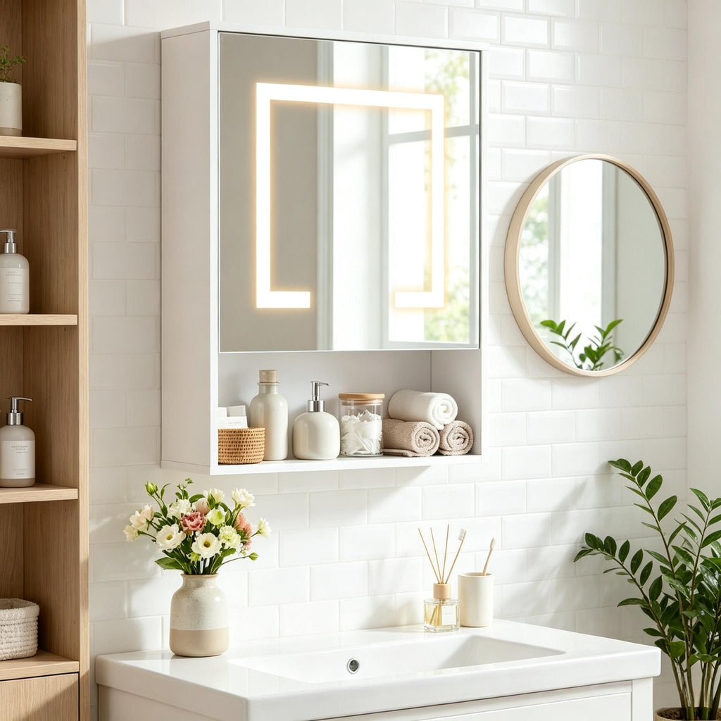 Recessed Or Wall Cabinet with Mirror 3 Color LED Lights  Bathroom Storage Organizer