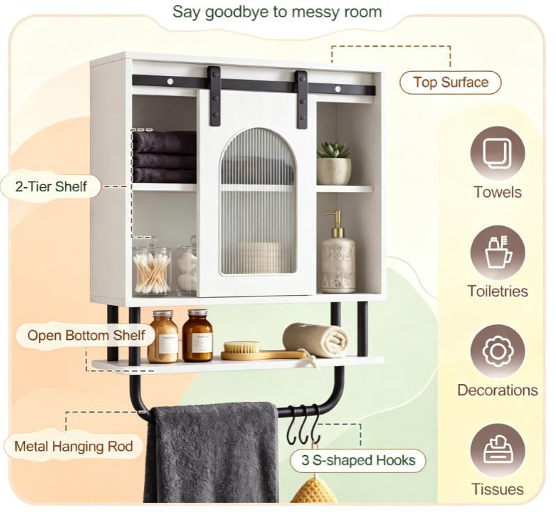 Bathroom Wall Cabinet Sliding Barn Door Metal Hanging Bar 3 Hooks Storage Organizer for Bath Decorative Shelves