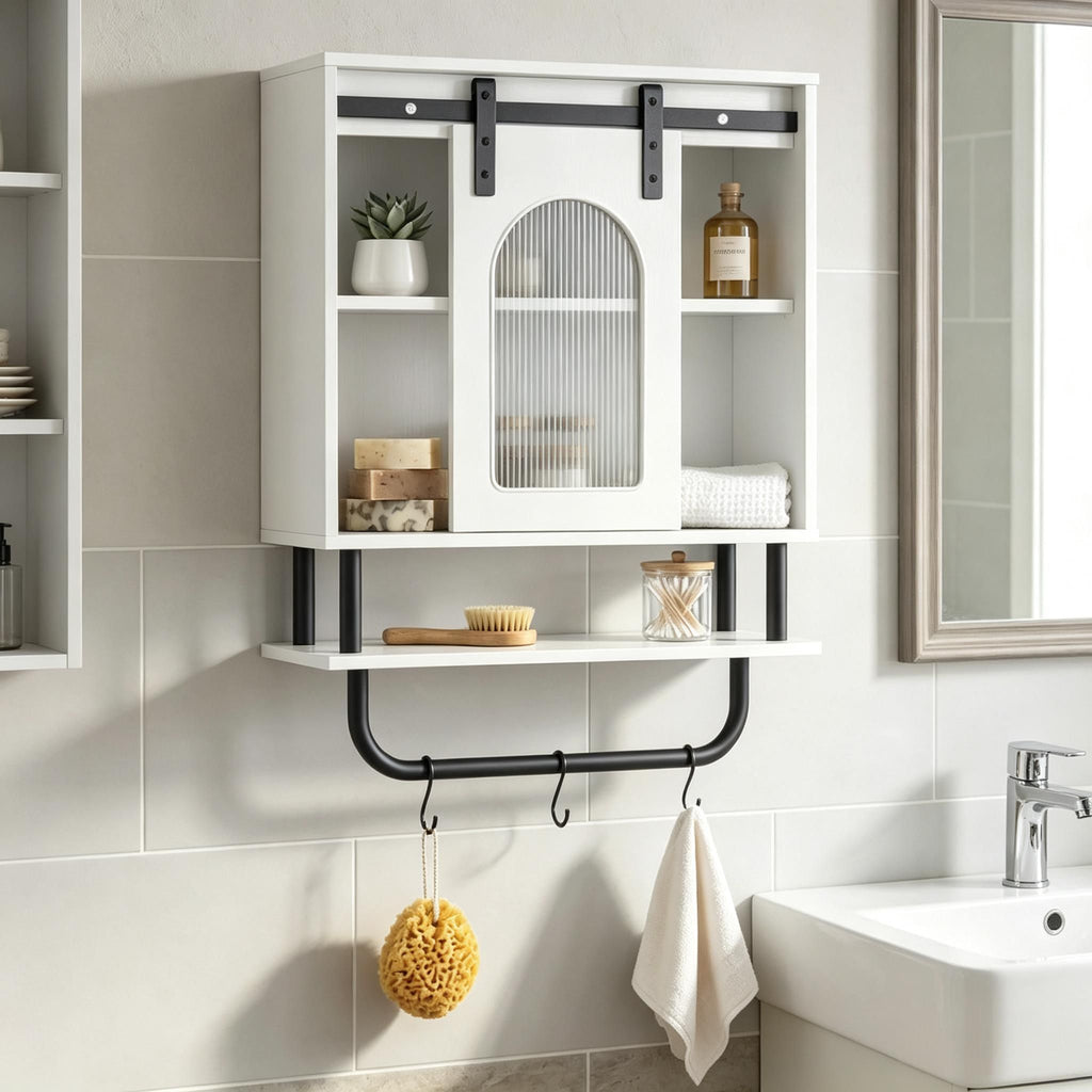 Bathroom Wall Cabinet Sliding Barn Door Metal Hanging Bar 3 Hooks Storage Organizer for Bath Decorative Shelves