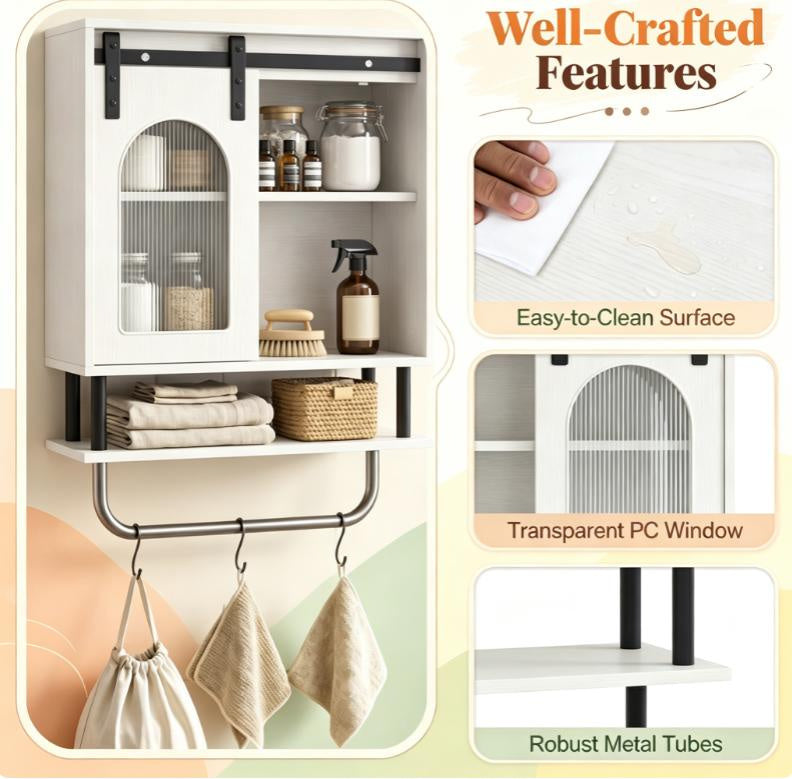 Bathroom Wall Cabinet Sliding Barn Door Metal Hanging Bar 3 Hooks Storage Organizer for Bath Decorative Shelves