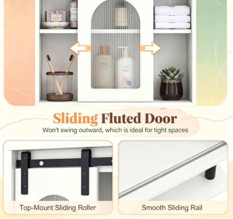 Bathroom Wall Cabinet Sliding Barn Door Metal Hanging Bar 3 Hooks Storage Organizer for Bath Decorative Shelves
