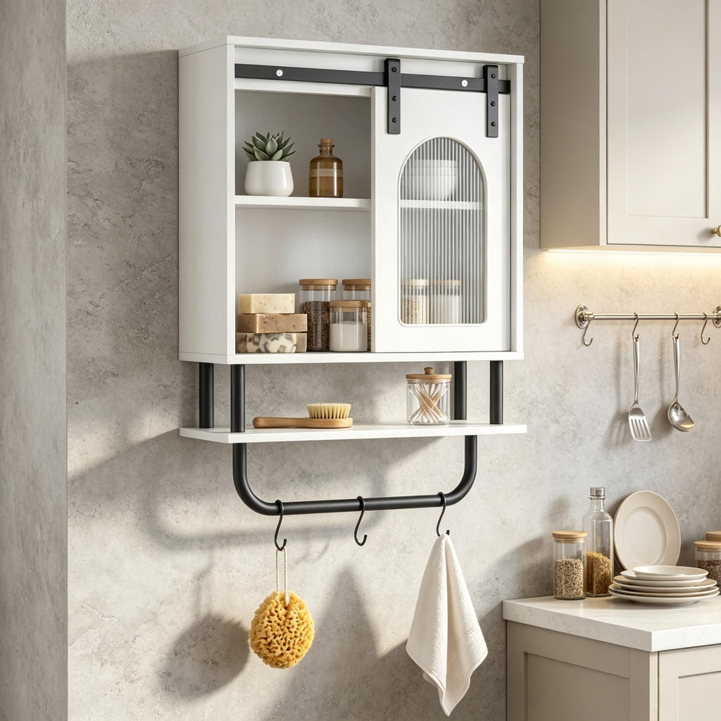 Bathroom Wall Cabinet Sliding Barn Door Metal Hanging Bar 3 Hooks Storage Organizer for Bath Decorative Shelves