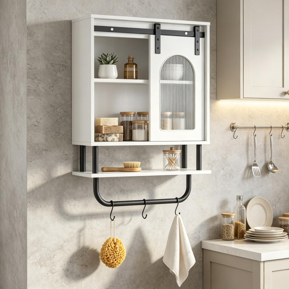 Bathroom Wall Cabinet Sliding Barn Door Metal Hanging Bar 3 Hooks Storage Organizer for Bath Decorative Shelves