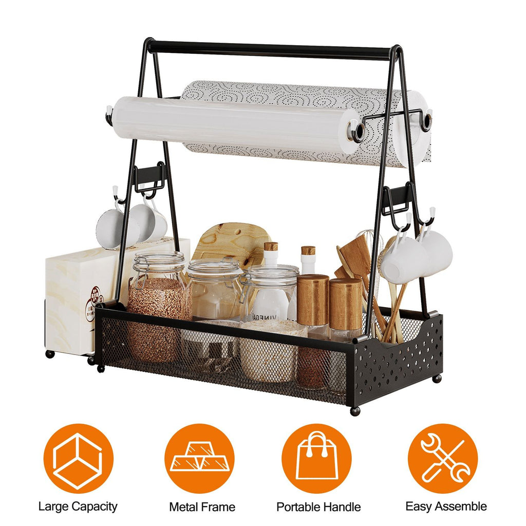 Outdoor BBQ Grill Caddy, Multi-Compartment Metal Utensil Storage Organizer with Paper Towel Holders, Side Hooks and Basket for Camping, Beach and Kitchen Counter