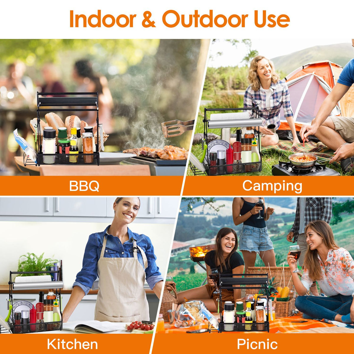Outdoor BBQ Grill Caddy, Multi-Compartment Metal Utensil Storage Organizer with Paper Towel Holders, Side Hooks and Basket for Camping, Beach and Kitchen Counter
