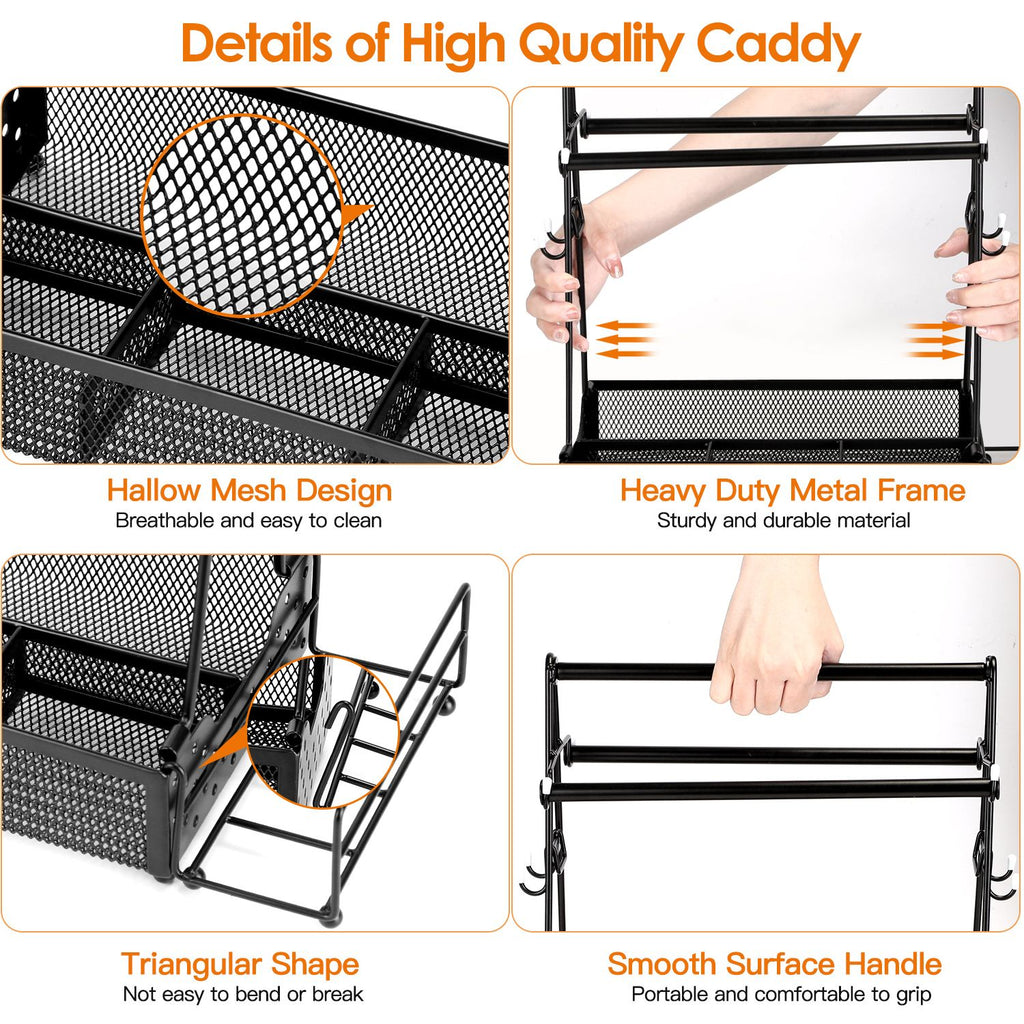 Outdoor BBQ Grill Caddy, Multi-Compartment Metal Utensil Storage Organizer with Paper Towel Holders, Side Hooks and Basket for Camping, Beach and Kitchen Counter