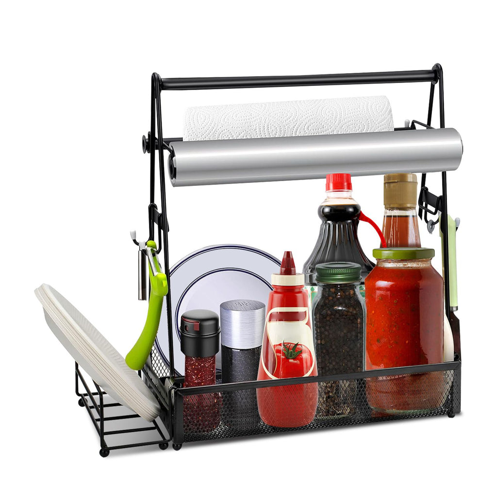 Outdoor BBQ Grill Caddy, Multi-Compartment Metal Utensil Storage Organizer with Paper Towel Holders, Side Hooks and Basket for Camping, Beach and Kitchen Counter