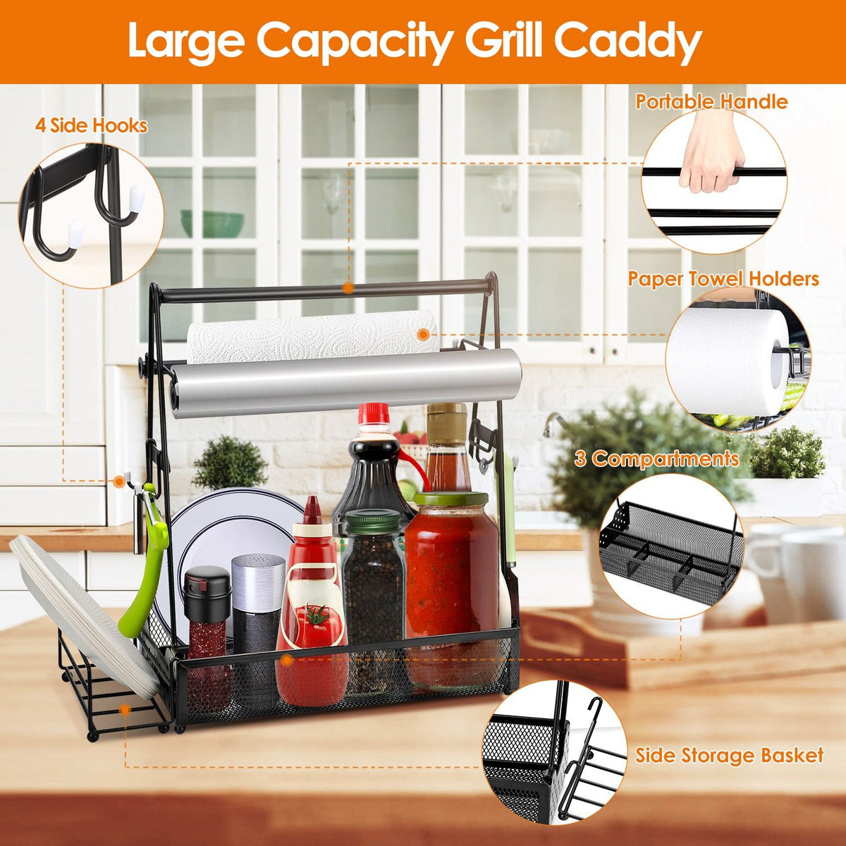 Outdoor BBQ Grill Caddy, Multi-Compartment Metal Utensil Storage Organizer with Paper Towel Holders, Side Hooks and Basket for Camping, Beach and Kitchen Counter
