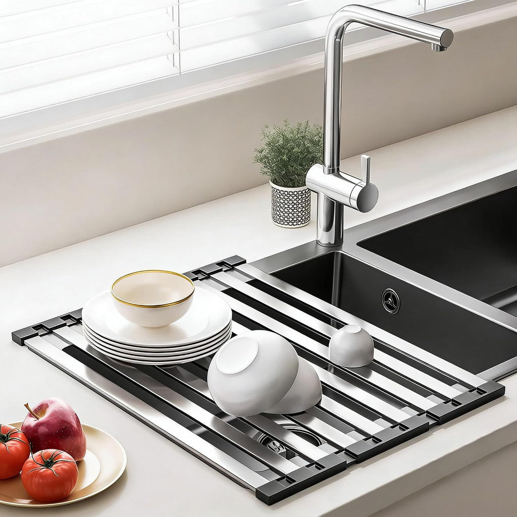Over the Sink Kitchen Dish Drying Rack OrganizerStainless Steel Collapsible Non-Slip Space-Saving- Rust-Resistant Heat-Resistant Sturdy - Easy to Clean