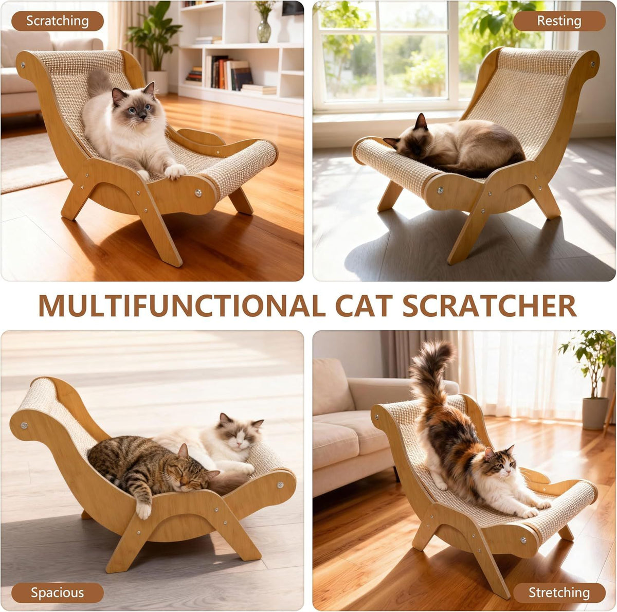 Large Sisal Cat Scratcher Chair for Indoor Cats, 20 Inch Lounge Bed Natural sisal, wood frame, large 24 inch lounge; for scratching, napping, stretching and sofa protection
