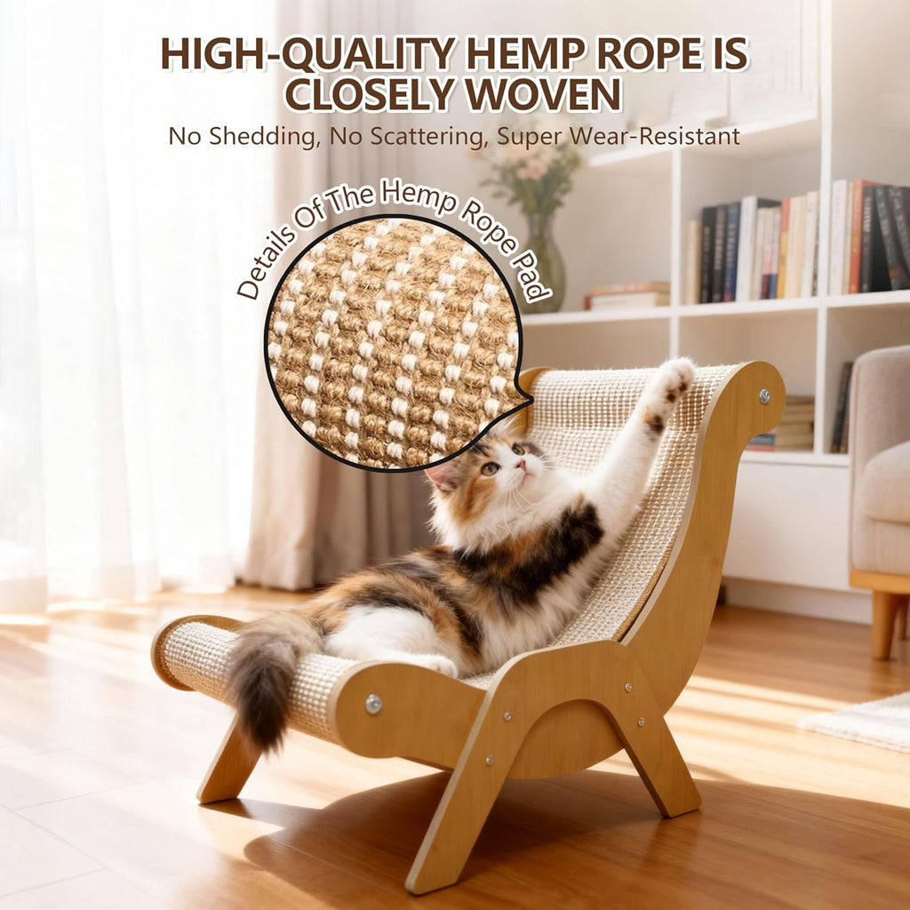 Large Sisal Cat Scratcher Chair for Indoor Cats, 20 Inch Lounge Bed Natural sisal, wood frame, large 24 inch lounge; for scratching, napping, stretching and sofa protection