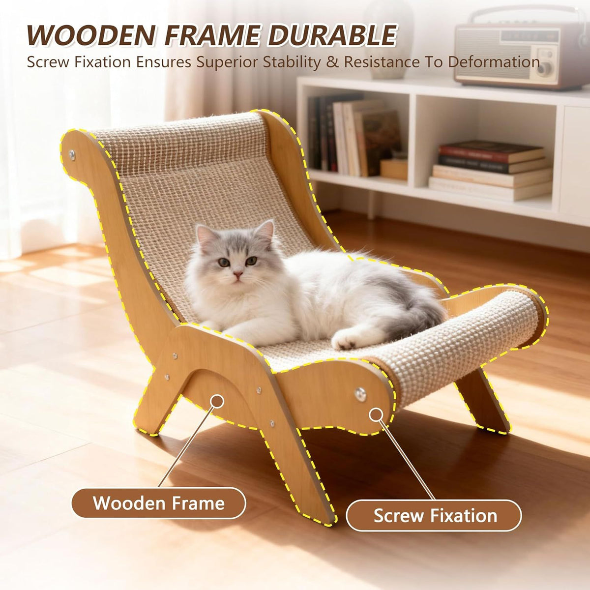 Large Sisal Cat Scratcher Chair for Indoor Cats, 20 Inch Lounge Bed Natural sisal, wood frame, large 24 inch lounge; for scratching, napping, stretching and sofa protection