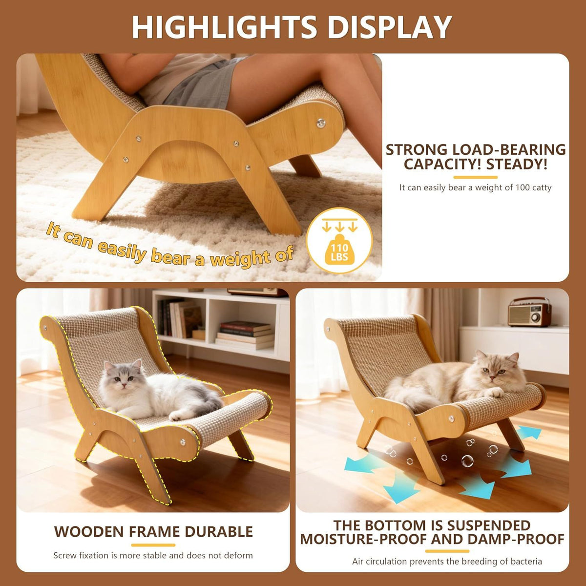 Large Sisal Cat Scratcher Chair for Indoor Cats, 20 Inch Lounge Bed Natural sisal, wood frame, large 24 inch lounge; for scratching, napping, stretching and sofa protection