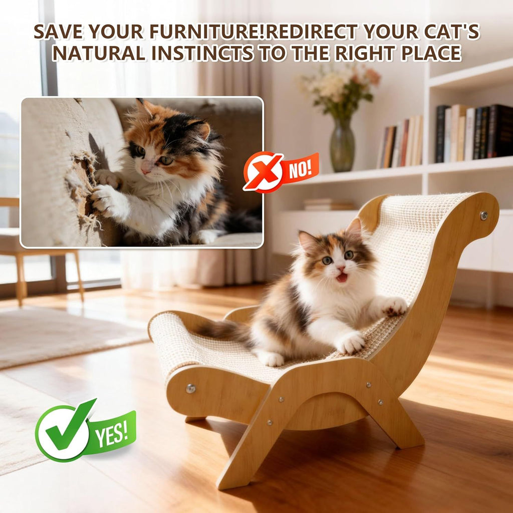 Large Sisal Cat Scratcher Chair for Indoor Cats, 20 Inch Lounge Bed Natural sisal, wood frame, large 24 inch lounge; for scratching, napping, stretching and sofa protection