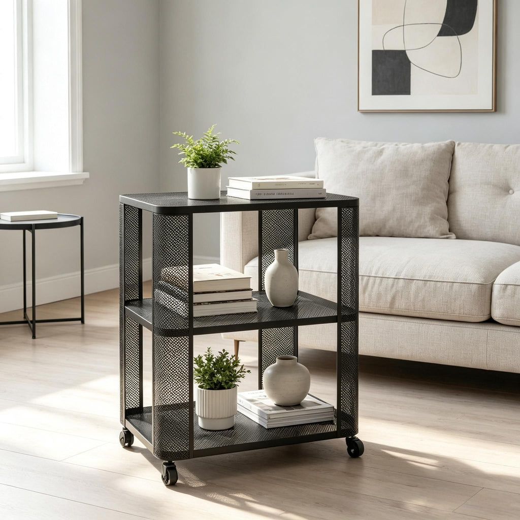 3-Tier Rolling End Table with Open Shelves Side Table with Wheels for Living Room Bedroom Rustic Industrial Style Coffee Table