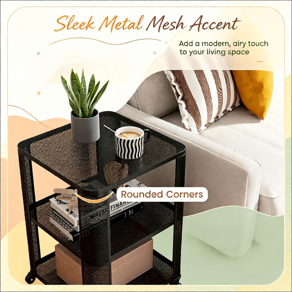 3-Tier Rolling End Table with Open Shelves Side Table with Wheels for Living Room Bedroom Rustic Industrial Style Coffee Table