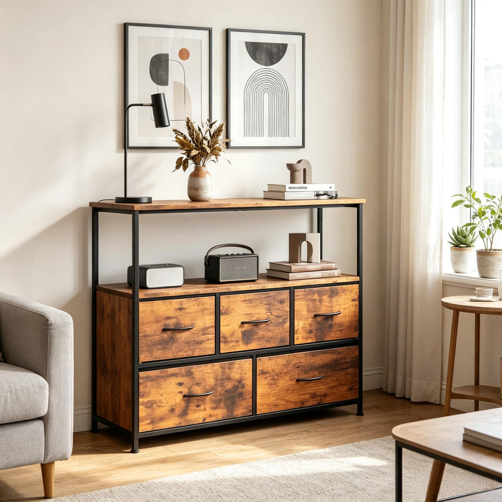 5-Drawer Fabric TV Stand Dresser Entertainment Center for 45 Inch TV - Living Room Storage Organizer