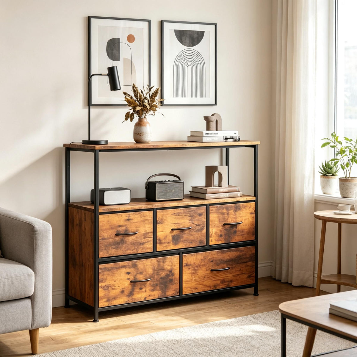 5-Drawer Fabric TV Stand Dresser Entertainment Center for 45 Inch TV - Living Room Storage Organizer