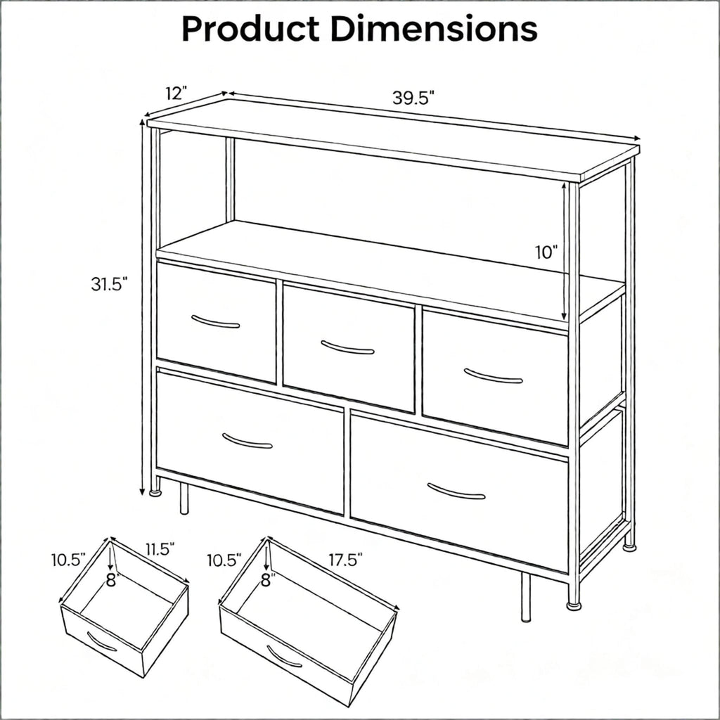 5-Drawer Fabric TV Stand Dresser Entertainment Center for 45 Inch TV - Living Room Storage Organizer