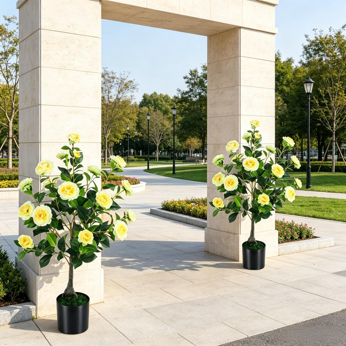 Artificial Camellia Tree Faux Flower Plant Cement-Filled Pot Durable Fake Camellia for Home Decor-There is only one.