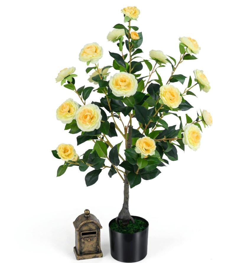 Artificial Camellia Tree Faux Flower Plant Cement-Filled Pot Durable Fake Camellia for Home Decor-There is only one.