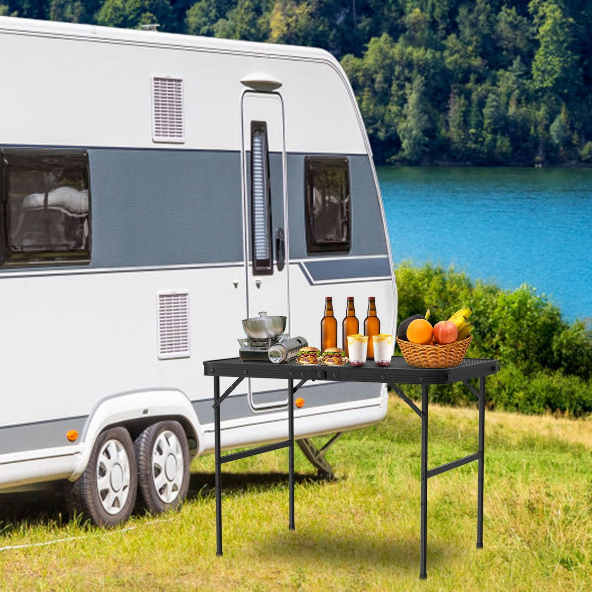 Lightweight Folding Camping Table, 16.15in-25.9in Adjustable Height, 88 Lbs Weight Capacity, Portable Outdoor Table for Backyard, BBQ, Fishing, Camping and Picnic