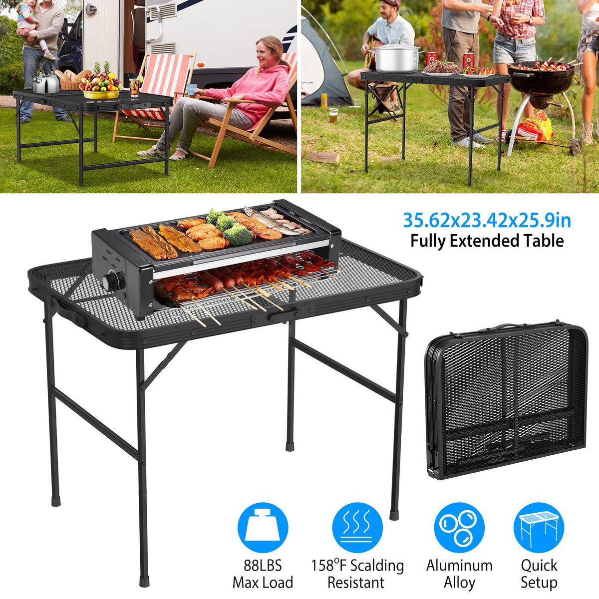 Lightweight Folding Camping Table, 16.15in-25.9in Adjustable Height, 88 Lbs Weight Capacity, Portable Outdoor Table for Backyard, BBQ, Fishing, Camping and Picnic