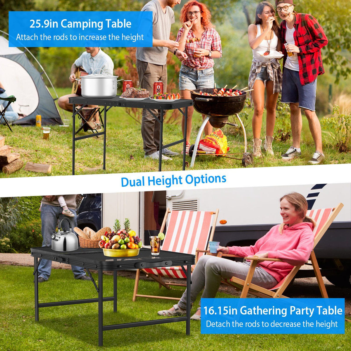 Lightweight Folding Camping Table, 16.15in-25.9in Adjustable Height, 88 Lbs Weight Capacity, Portable Outdoor Table for Backyard, BBQ, Fishing, Camping and Picnic