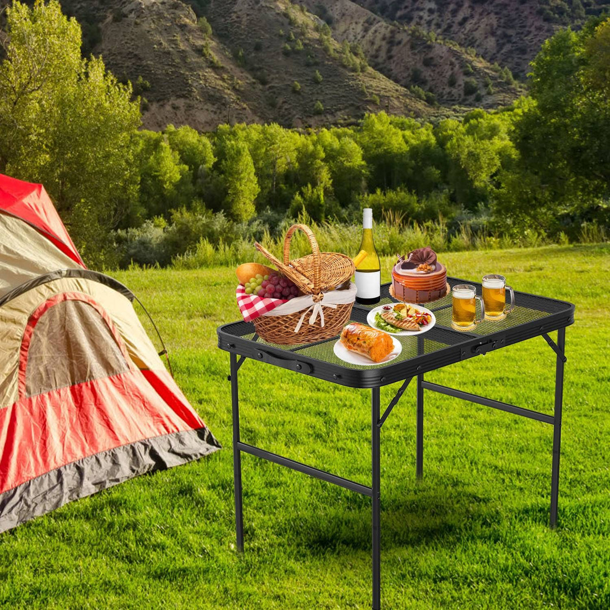Lightweight Folding Camping Table, 16.15in-25.9in Adjustable Height, 88 Lbs Weight Capacity, Portable Outdoor Table for Backyard, BBQ, Fishing, Camping and Picnic
