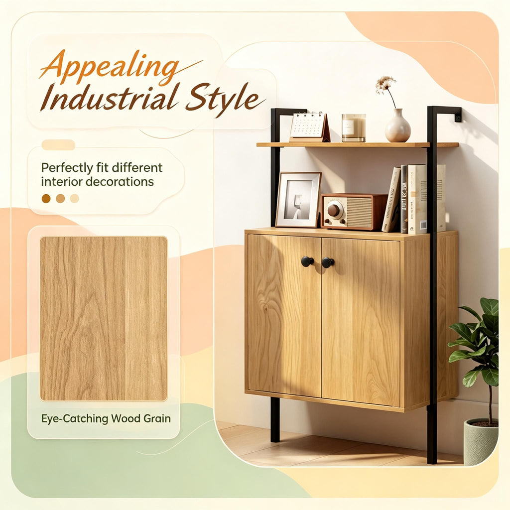 Wall Mount Bookshelf with Storage Cabinet 2-Door Organizer for Living Room Bedroom Office