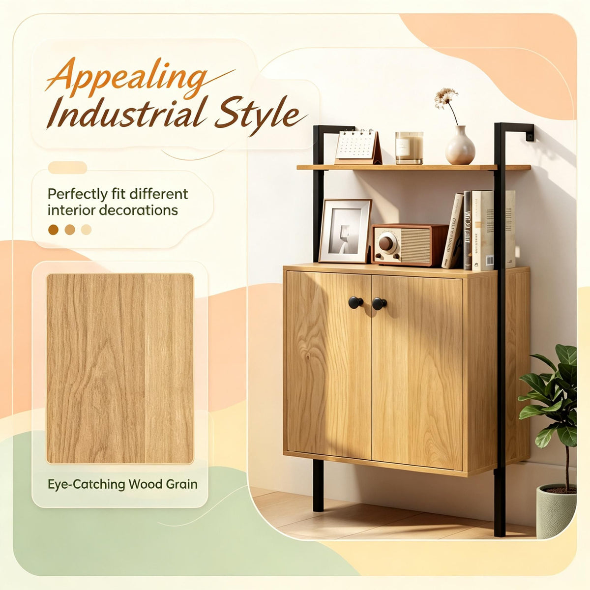Wall Mount Bookshelf with Storage Cabinet 2-Door Organizer for Living Room Bedroom Office