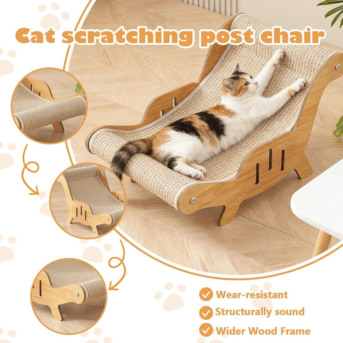 Cat Recliner Scraper Board, Cat Scratching Chair, Wooden Sisal Adjustable Cozy Non-Shedding Material for Cats