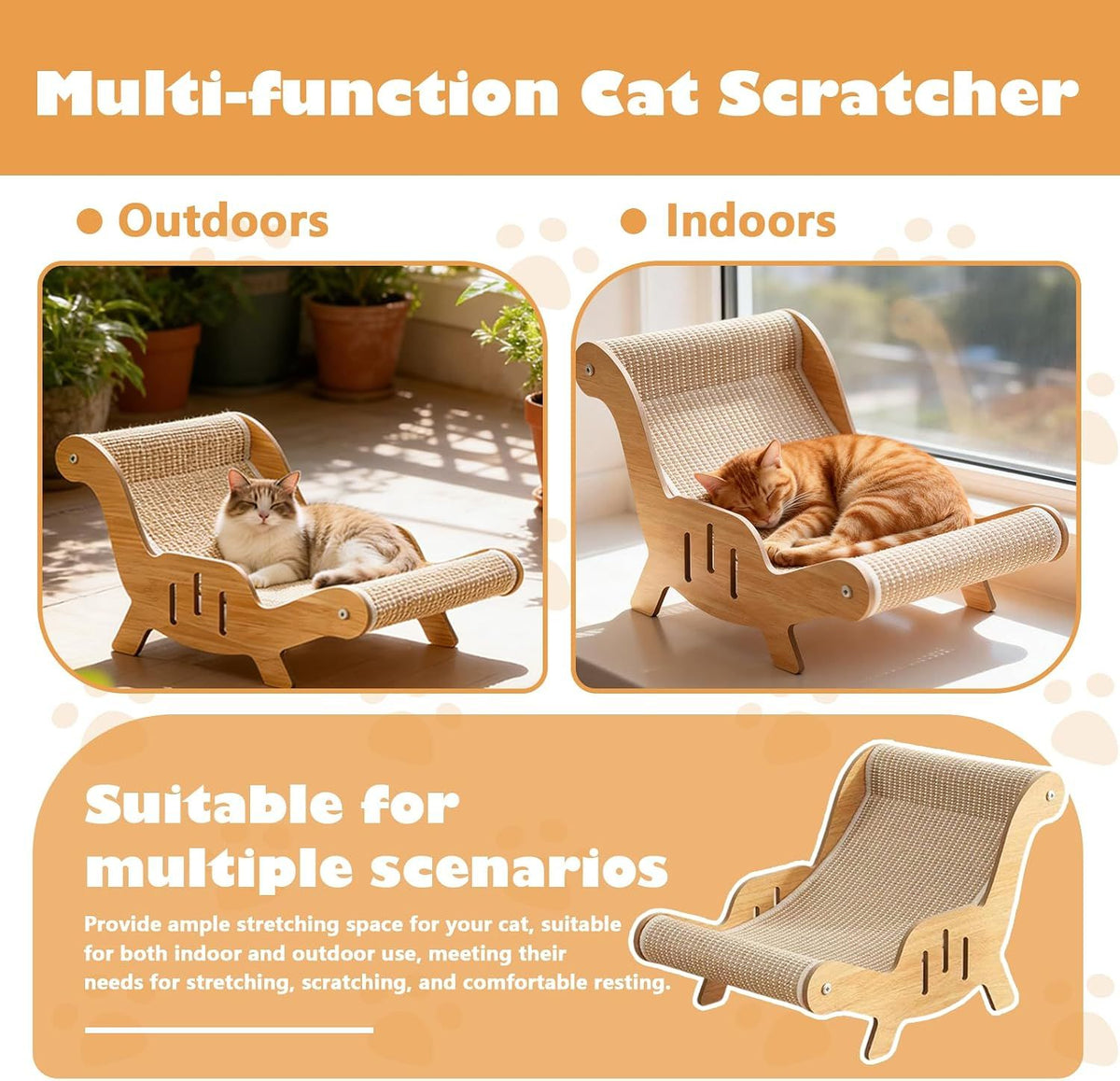 Cat Recliner Scraper Board, Cat Scratching Chair, Wooden Sisal Adjustable Cozy Non-Shedding Material for Cats